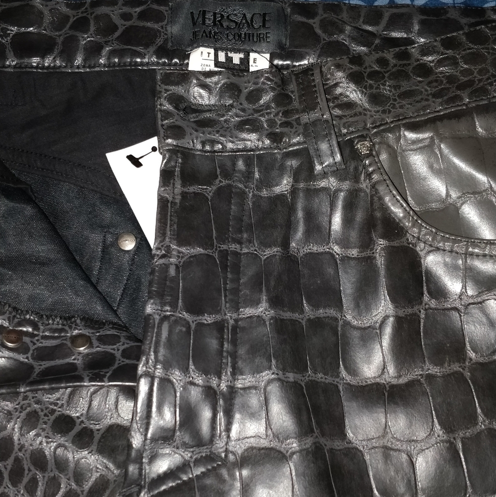 Vintage Versace Jeans Couture Black Croc Embossed Leather Pants Y2K 90s IT 36/50